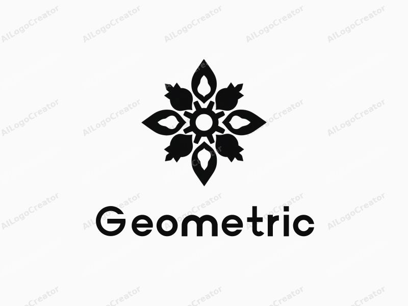 geometric design features a combination of squares and circles, integrated with stylized gears and sugarcane elements, all presented in a black and white color scheme with a clean background.