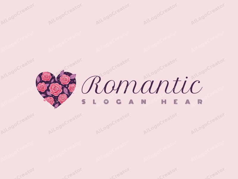 playful design features stylized roses and heart shapes, combined with a whimsical layout and a clean background in pink and purple tones.