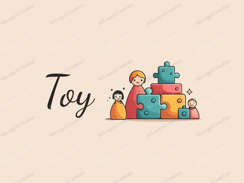 playful design features colorful dolls, stylized puzzles, and building blocks combined with a clean background.