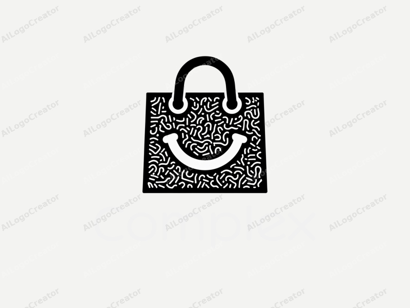 a modern design featuring a complex and detailed smiley face integrated with a shopping bag, using a black color palette, creating a harmonious and clean composition.