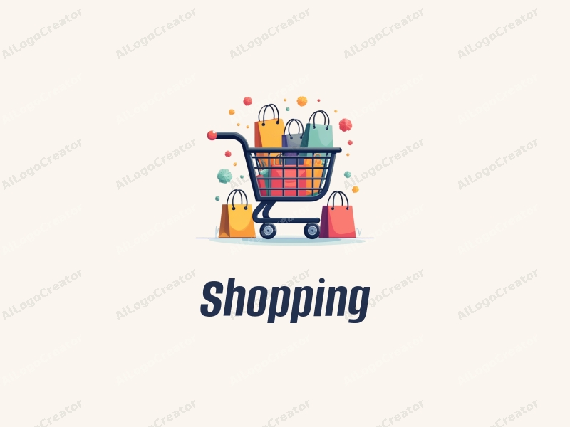 a modern design featuring a colorful shopping cart and a stylized mall, combined with shopping bags and products, all presented in a clean and harmonious layout.