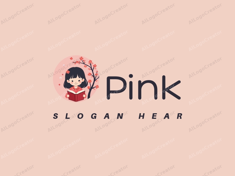 minimalist design features a stylized little girl reading a book surrounded by delicate cherry blossoms, with a soft pink color palette and a clean background.