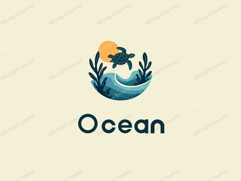 a modern design featuring stylized ocean waves, a sea turtle, and coral elements, combined with a clean background and a harmonious composition.