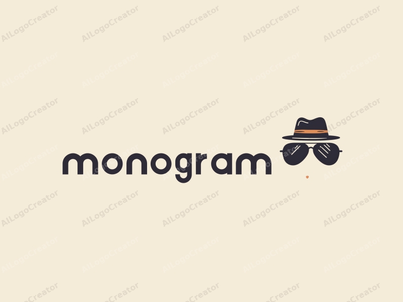 modern design features stylized letters, a pair of sunglasses, and a hat, combined with a clean background and a minimalist approach.