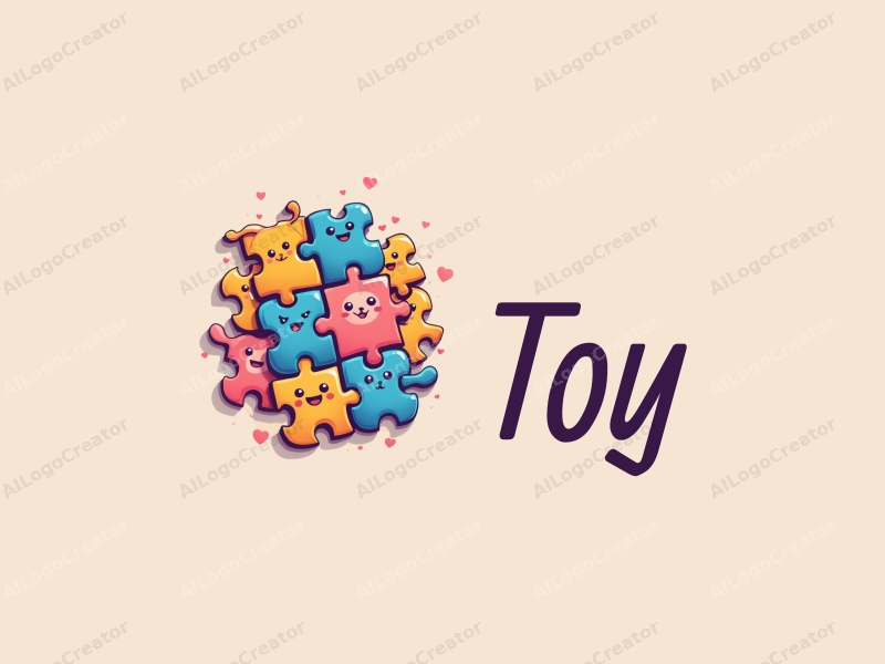 playful design features colorful plush toys and puzzle pieces, combined with a whimsical approach and a clean background.