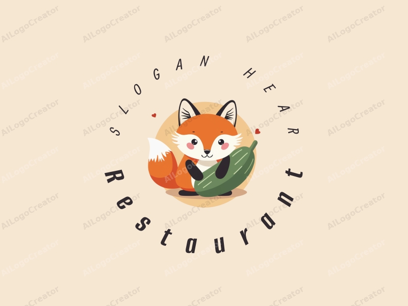 modern design features a stylized dining table and menu, combined with a playful fox and cucumber, using a clean background for a harmonious and simple composition.