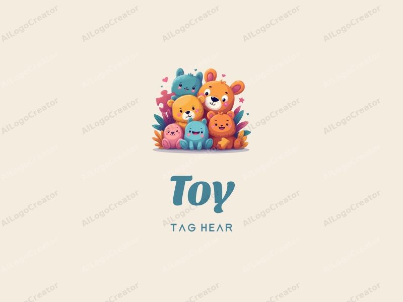 playful design features a vibrant array of plush toys and puzzle pieces, combined with a whimsical approach and a clean background.