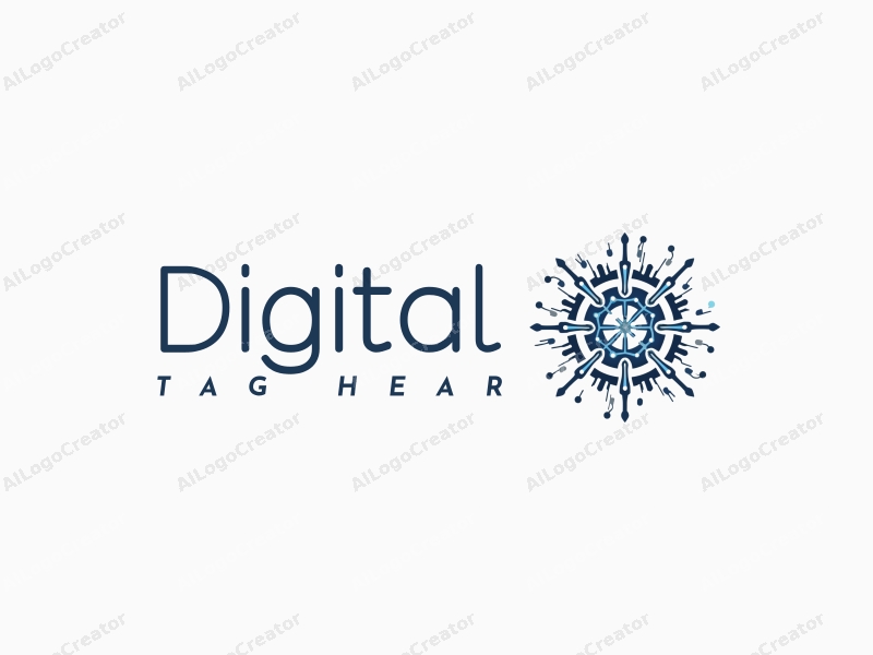 minimalist design features digital elements like circuits and chains, a modern aesthetic with blue and black colors, combined with a clean background.