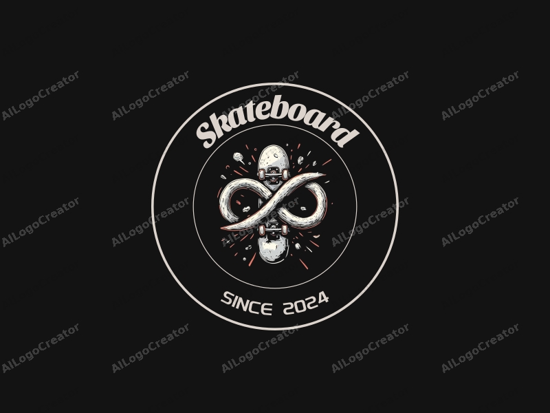 street style design features a skateboard and sneakers intertwined with an infinity symbol, complemented by street graffiti elements, all set against a clean black background.