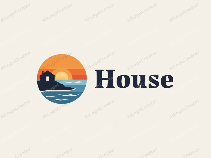 a harmonious blend of modern and traditional design featuring a stylized house silhouette against a sunset over the ocean, with clean lines and a minimalist approach combined with a serene background.