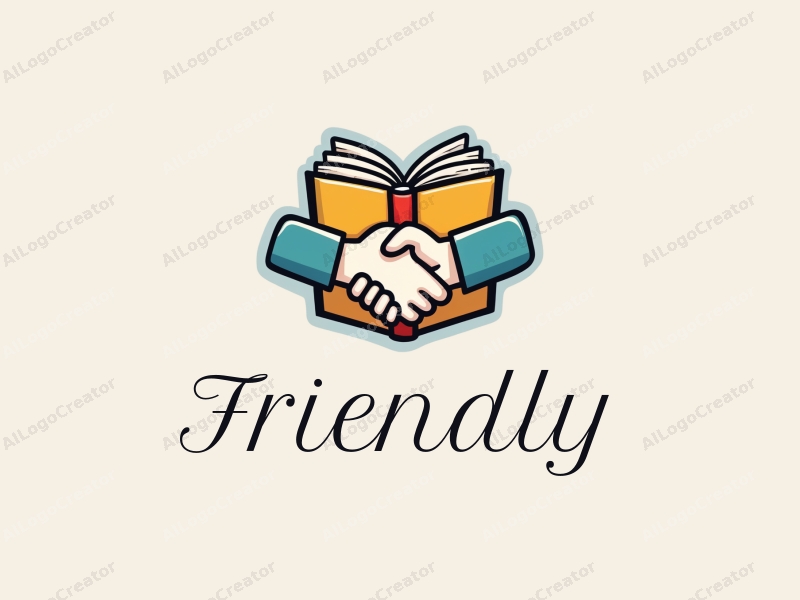 playful design features a stylized book and a handshake, combined with a clean background, emphasizing friendship and community in an educational and social context.