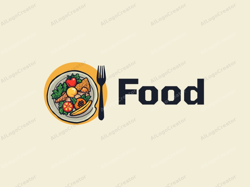 a modern design featuring a vibrant plate with an artistic arrangement of various foods and a stylized fork, combined with a clean background.