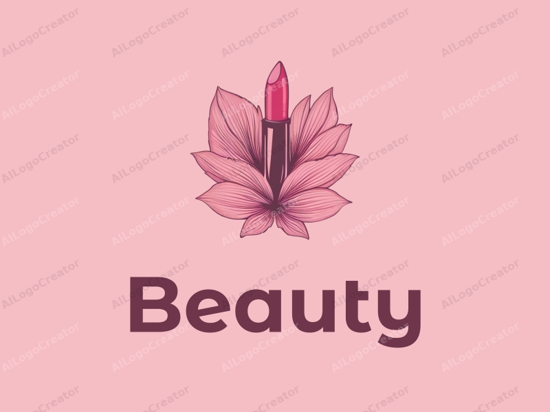 modern design features elegant flower petals intertwined with a stylized lipstick, showcasing beauty and makeup elements combined with a clean pink background.