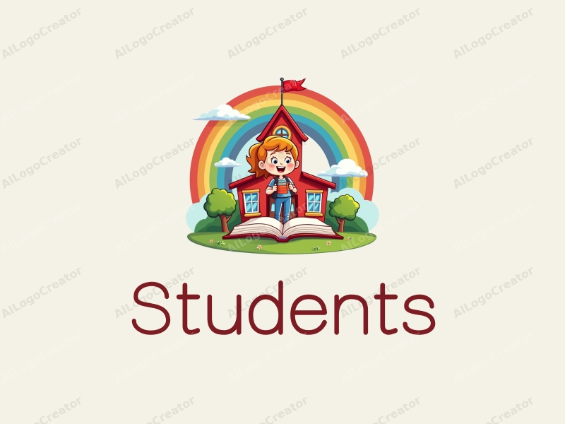 playful design features a cheerful student character, a stylized school building, an open book, and a vibrant rainbow, combined with a clean background.