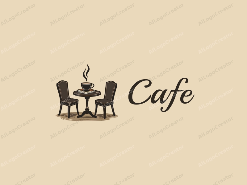 vintage design features a stylized coffee cup, a book, and a cozy table and chair setup, combined with a clean background.