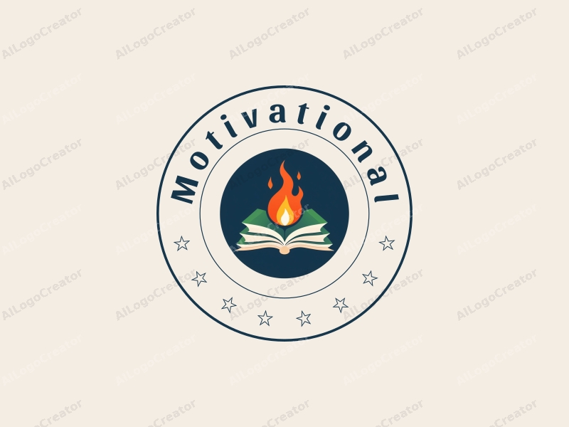 a modern design featuring stylized books and flames, symbolizing motivation and inspiration, combined with a clean background in blue and green tones.