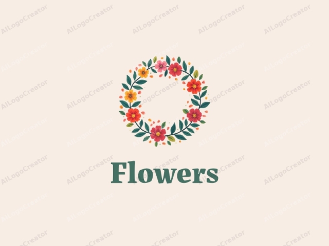 playful design features vibrant flowers and petals arranged in a circular wreath, complemented by playful leaves, all set against a clean background.