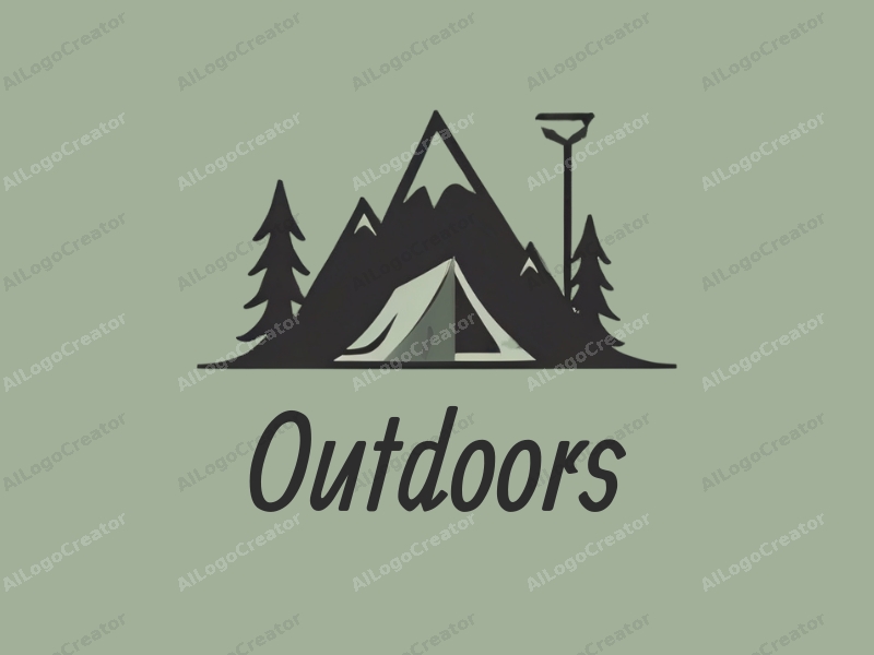 modern design features a stylized camping tent and hiking stick, combined with a mountain silhouette, set against a clean green background.