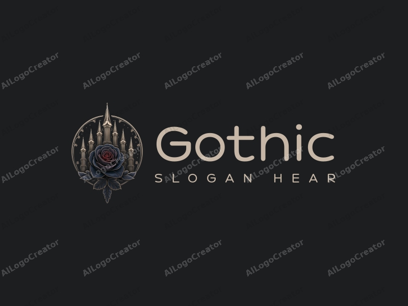 Gothic design features intricate spires, a black rose, and Gothic architecture elements combined with a dark and elegant background.