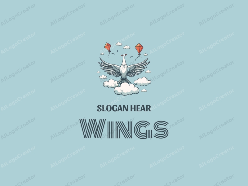 playful design features stylized wings and kites soaring through fluffy clouds, combined with a clean blue background.