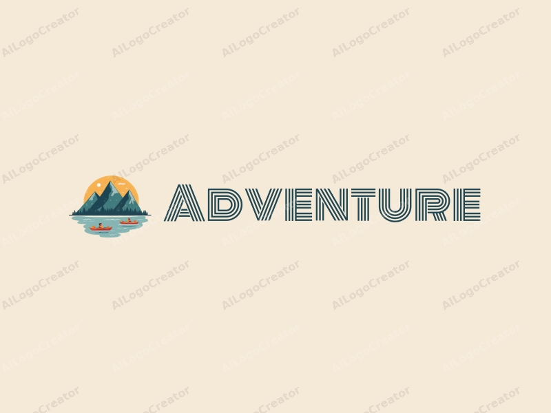 playful design features stylized mountains and boats, incorporating adventure elements with a clean background.