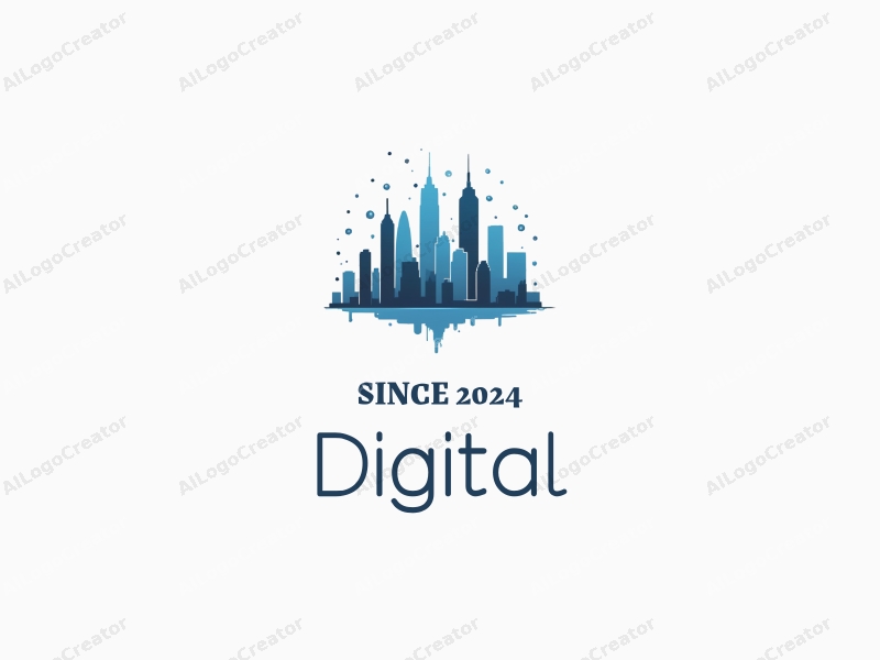 minimalist design features a stylized city skyline with skyscrapers, integrated network elements, and a clean background using blue and black colors.