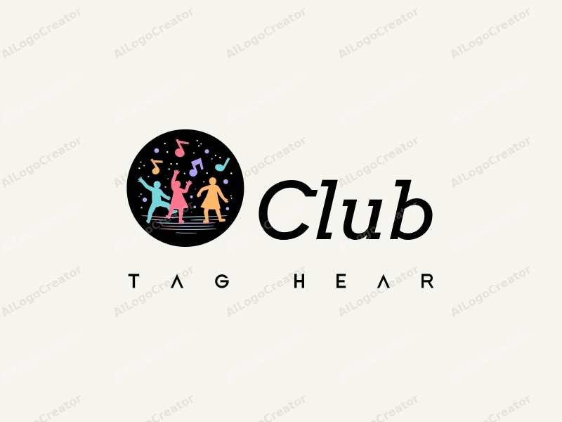 a modern design featuring a stylized club scene with abstract representations of music notes and dance figures, combined with a clean black background.