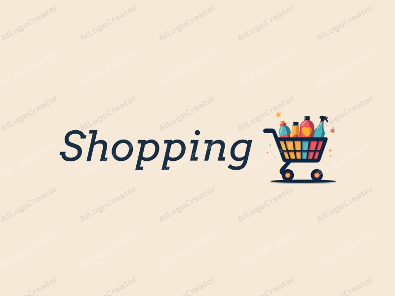 a modern design featuring a colorful shopping cart filled with various products, set against a stylized mall background, emphasizing simplicity and harmony in composition.