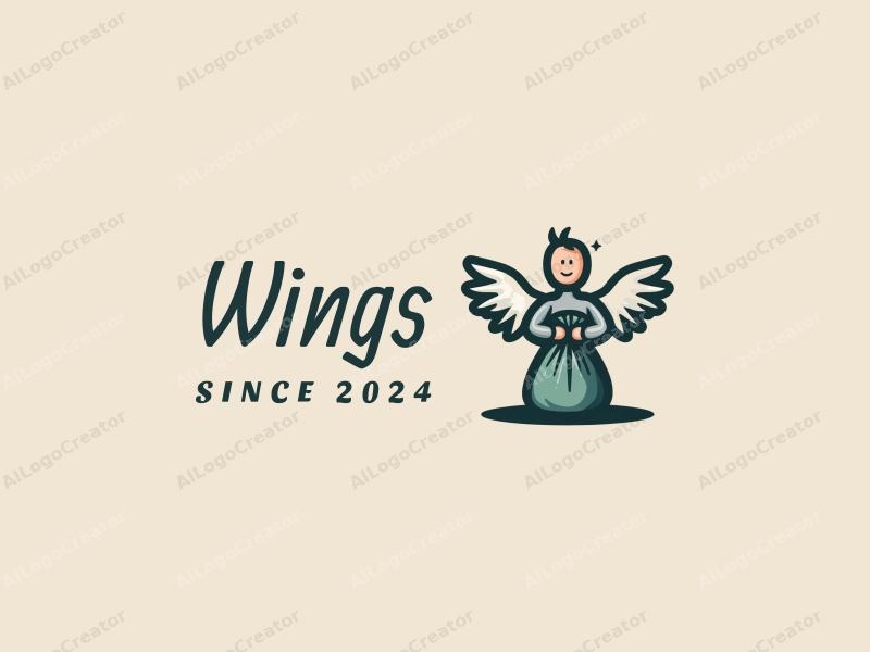 playful design features stylized wings and a giant figure holding a garbage bag, combined with a clean background and a whimsical approach.