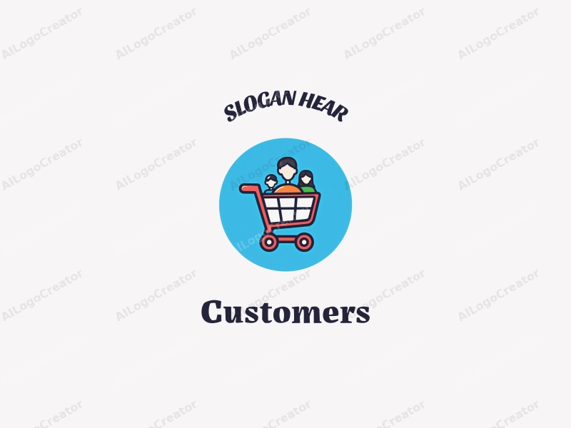 a modern design featuring a stylized shopping cart and shopping bag, with abstract representations of customers and shoppers, combined with a clean blue background.