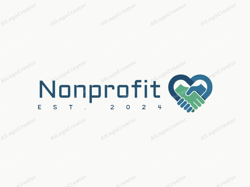 modern design features a heart shape and a handshake symbolizing charity and volunteer work, combined with a clean background in blue and green colors.