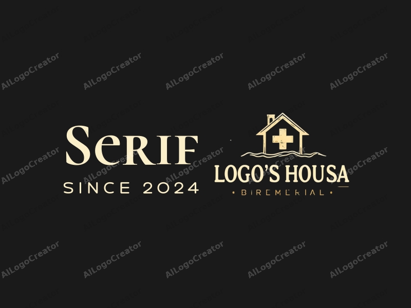 vintage design features elegant serif fonts, a stylized house silhouette, and subtle medical elements combined with a clean black background.