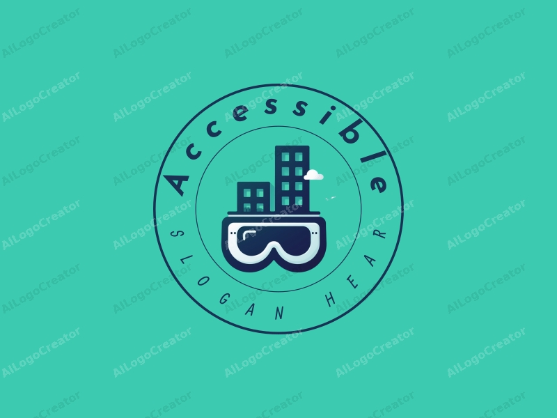 modern design features accessibility elements, a stylized building silhouette, and VR glasses, combined with a clean background in blue and green tones.