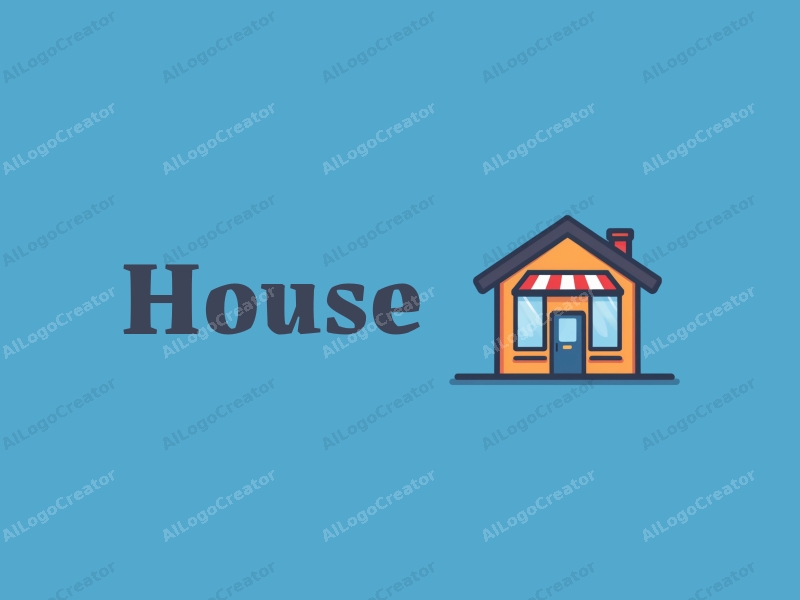 modern design features a stylized house and building silhouette, combined with a shop facade, using a clean and simple approach against a blue background.