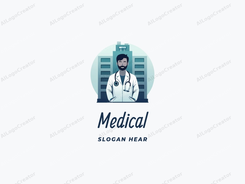 modern design features a stylized hospital silhouette, a doctor figure, a stethoscope intertwined with a heartbeat line, combined with a clean background.