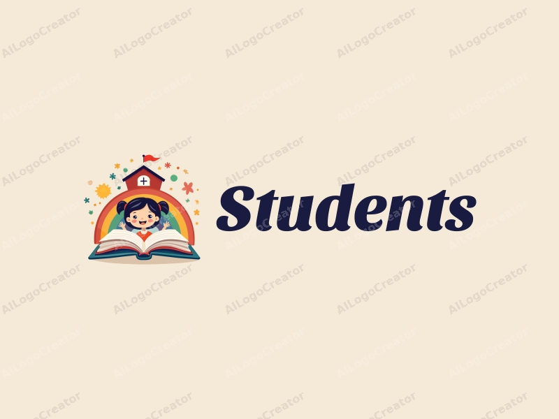 playful design features a cheerful student character, a stylized school building, an open book, and a vibrant rainbow, combined with a clean background.