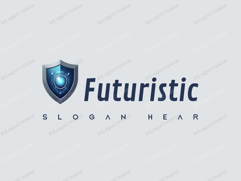 a modern minimalist design featuring a stylized shield symbolizing protection and innovation, combined with futuristic elements representing artificial intelligence, set against a clean background in silver and blue tones.