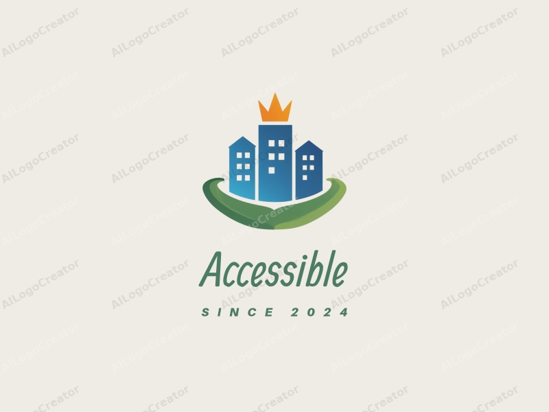 modern design features a stylized crown integrated with a building silhouette, showcasing accessibility elements and inclusive design, combined with a clean background in blue and green tones.