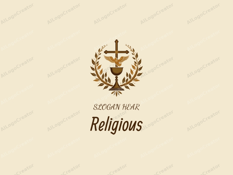 vintage design features a stylized cross, a chalice, and a dove, combined with a golden color palette and a clean background.