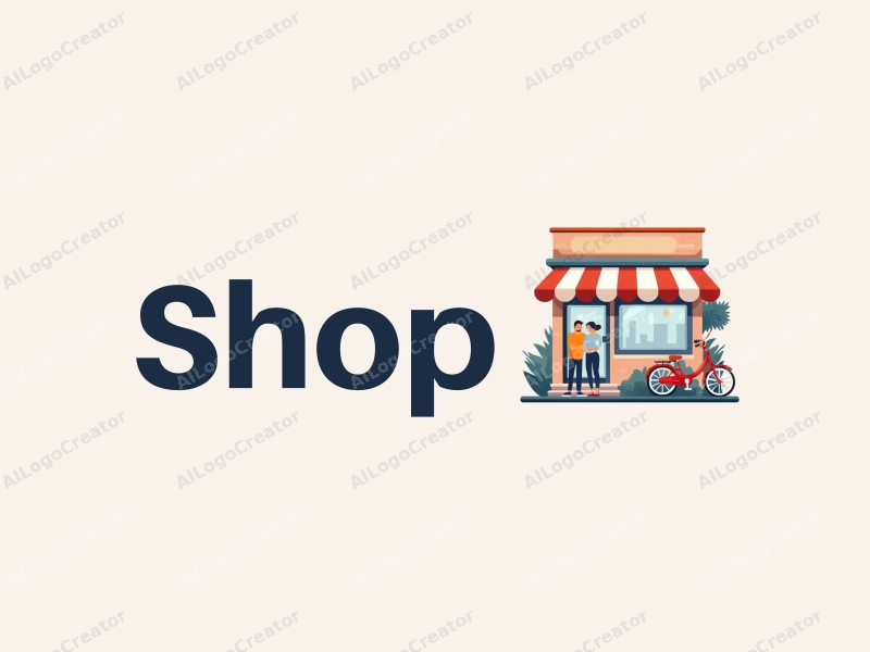 modern design features a stylized shop front, a bicycle, and two friends interacting, combined with a clean background.