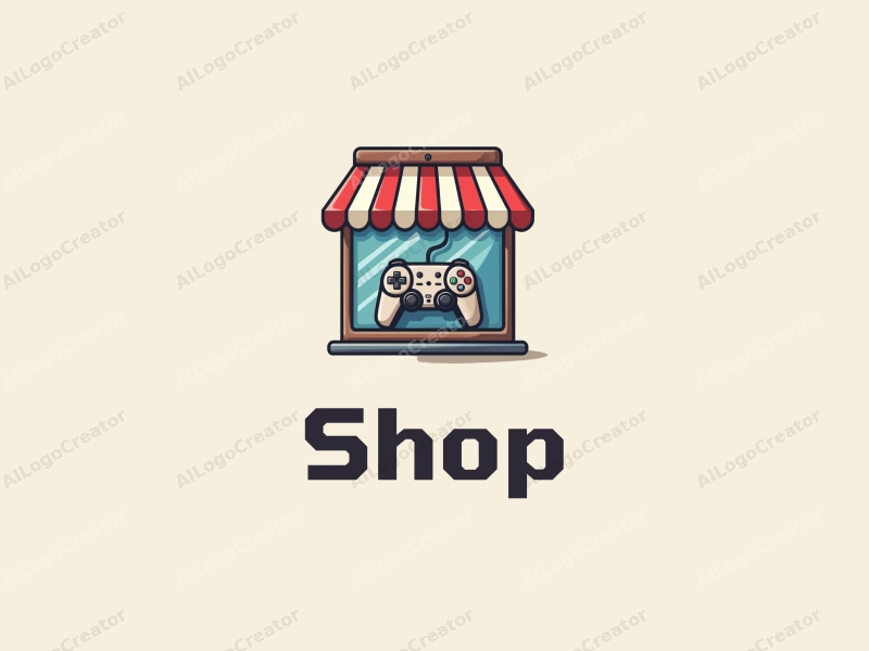 a modern design featuring a stylized shop front, a game controller, and programming symbols, combined with a clean background.