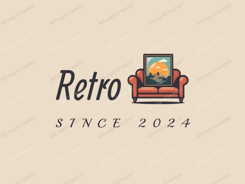 vintage design features a retro sofa and a retro poster, combined with a warm village scene, all set against a clean background.