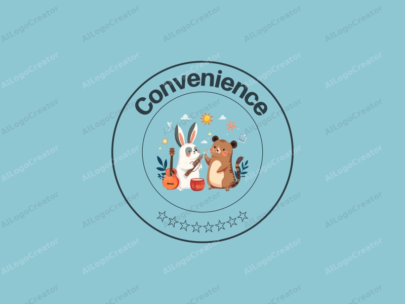 a modern design featuring small animals interacting with musical elements, incorporating convenient and practical symbols, all presented in a clean blue background.