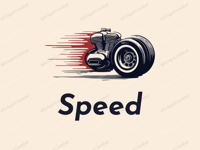 a modern design featuring dynamic lines representing speed, a stylized engine and tire, combined with a clean background to emphasize power and motion.