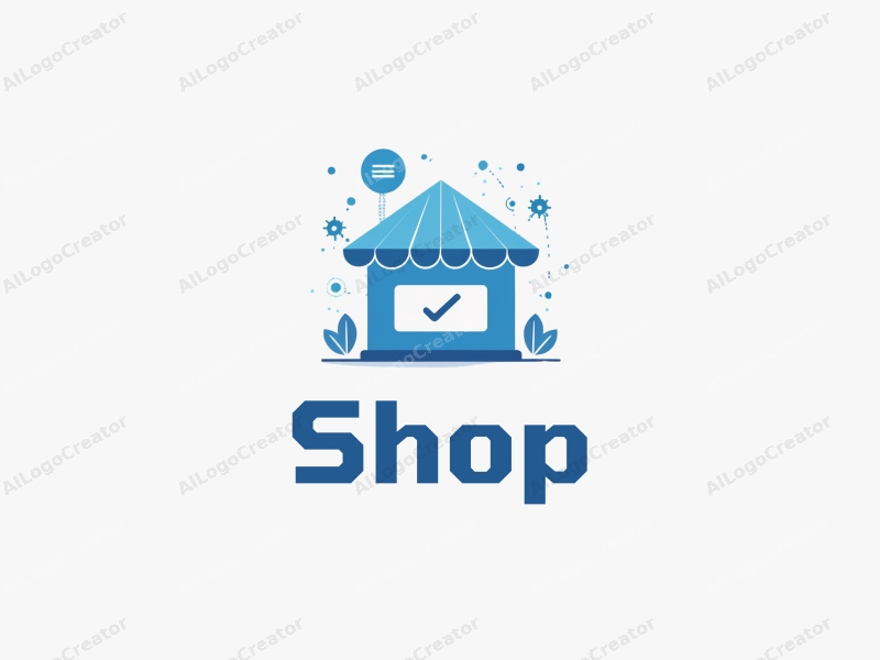 a modern minimalist design featuring a stylized shop silhouette integrated with communication network elements, using a blue color palette, combined with a clean background.