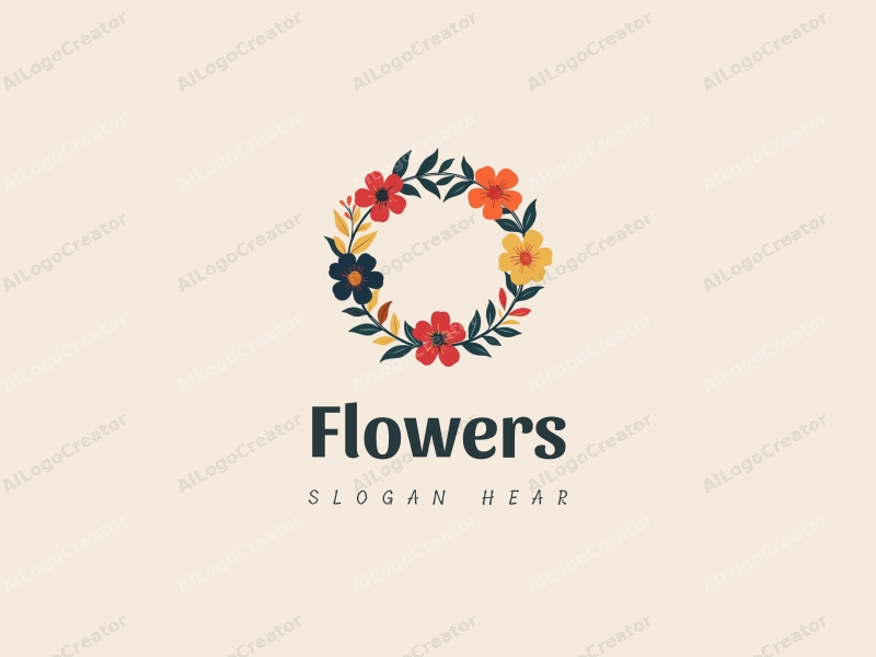 playful design features vibrant flowers and petals arranged in a circular wreath, complemented by playful leaves, all set against a clean background.