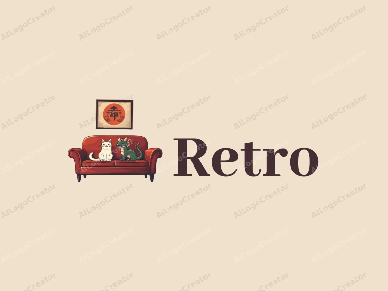 vintage design features a retro sofa and a retro poster, combined with a stylized cat and dragon, set against a clean background.