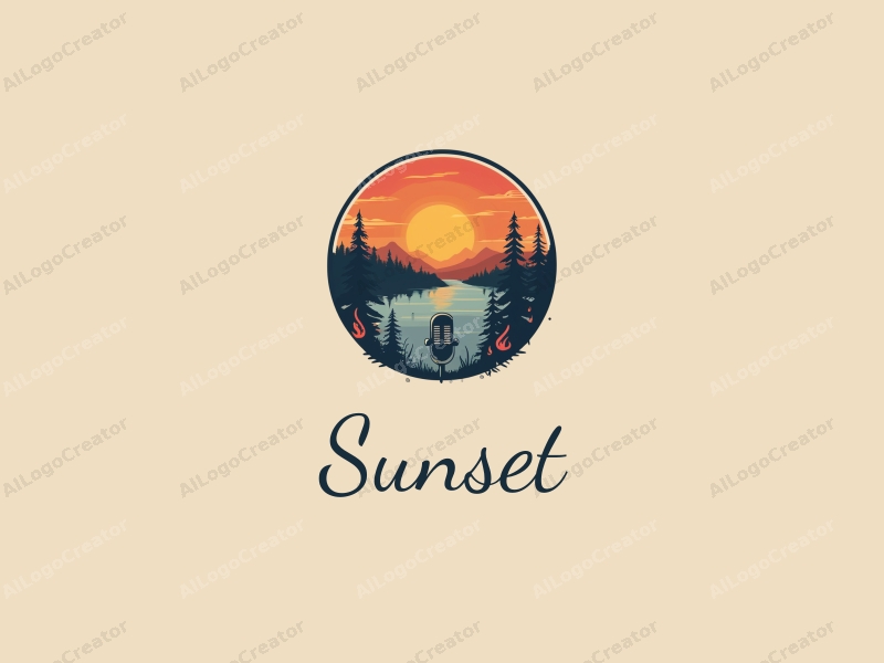 vintage design features a stylized sunset over a scenic landscape, combined with elements of flame and a microphone, all set against a clean background.