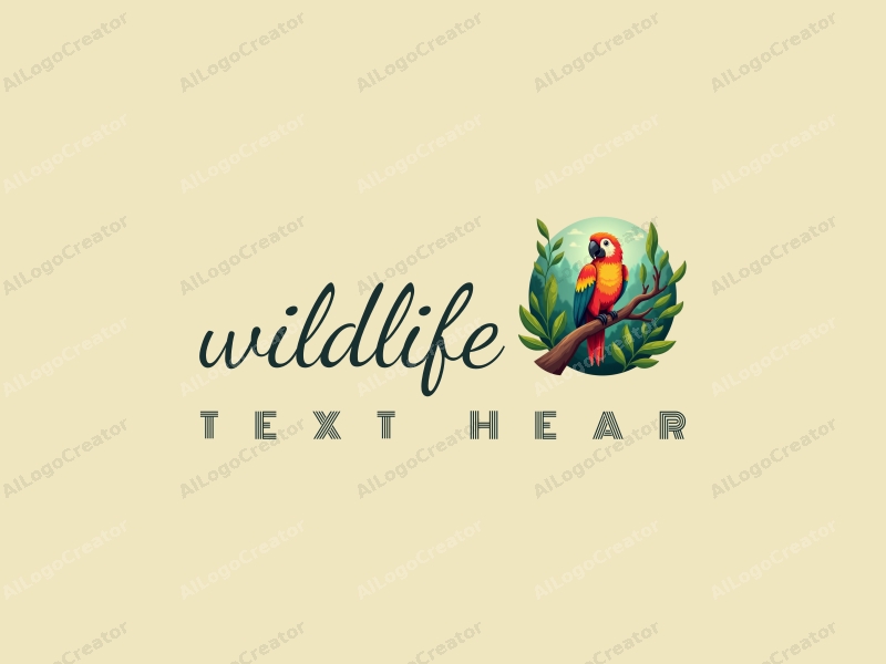 playful design features a vibrant parrot perched on a tree branch, surrounded by lush green foliage and a serene forest backdrop, combined with a clean and harmonious composition.