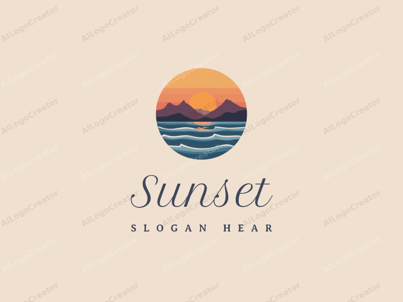 vintage design features a stylized sunset over the ocean with mountains in the background, incorporating warm orange and purple hues, combined with a clean and harmonious layout.